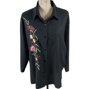 Vintage A.K.C Women's 3X Black Linen Blend Shirt Jacket Floral Embroidered